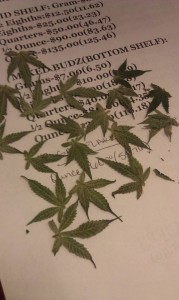 Cannabis price list at the Green Man legal weed store in Colorado.